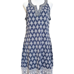 Aryek NWT Blue n White sleeveless Beach dress, deep notch V-neck, size Small